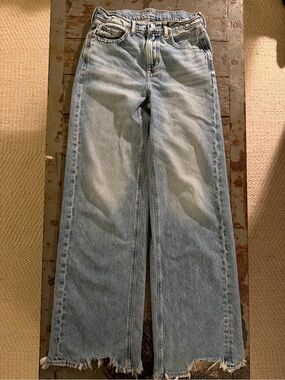 American Eagle Light Blue Straight Leg Long Jeans with Distressed Bottom